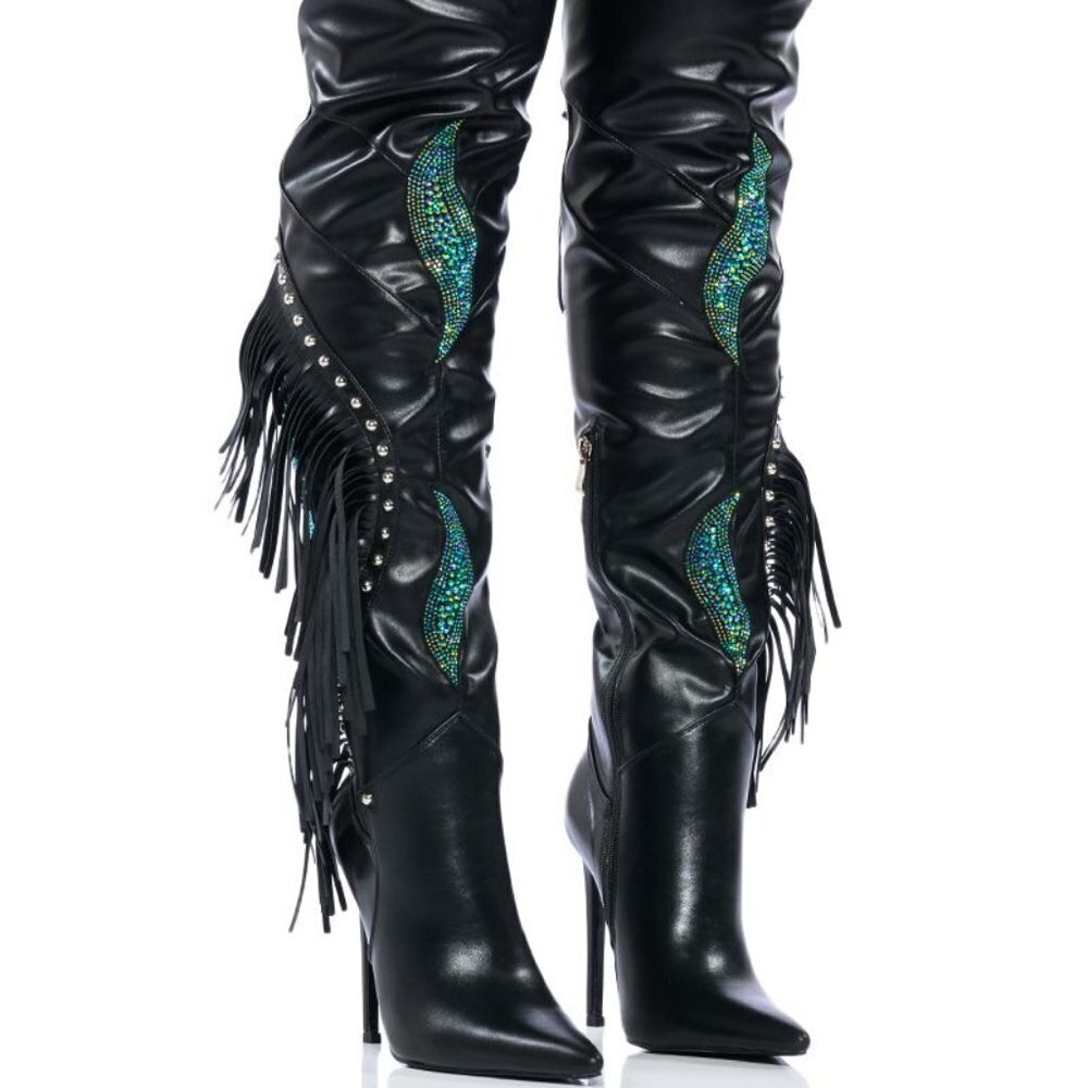 "COUNTRY WIT A LIL RUNWAY" RHINESTONE OVER THE KNEE STILETTO BOOT /FRINGE BLACK
